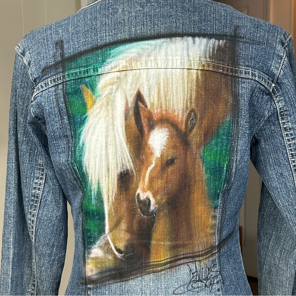Hand Painted Horses Jean Jacket L Artist Signed One of A Kind Cowgirl - Picture 6 of 11